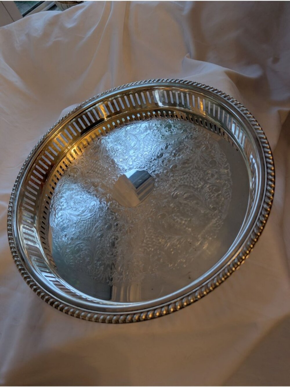 Vintage Silver plated Edged 12 inch Round Tray Etched and marked Leonard